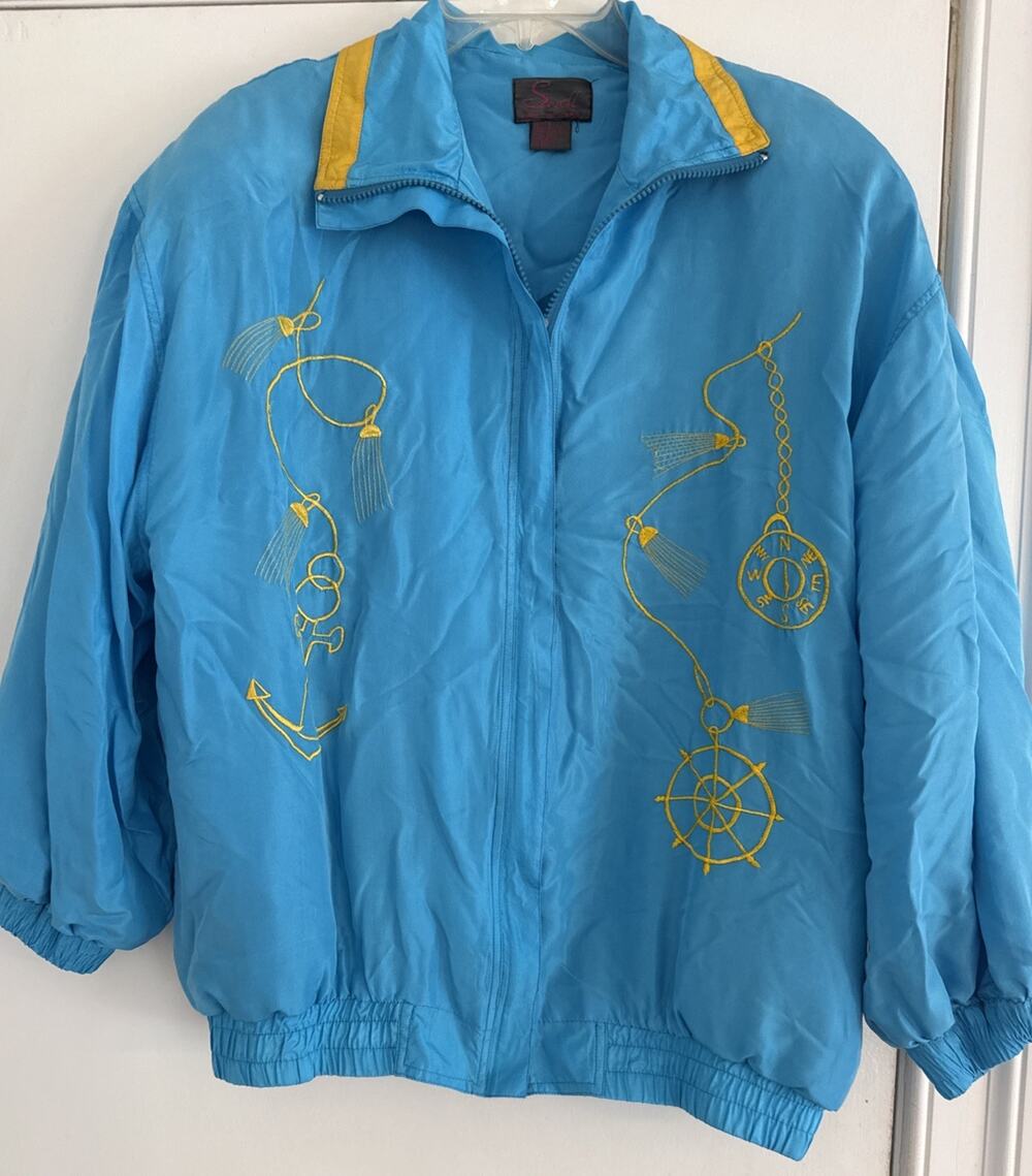 Vtg Swell Women's Silk Lightweight Zip Up Track Jacket Size L Blue Gold Anchor